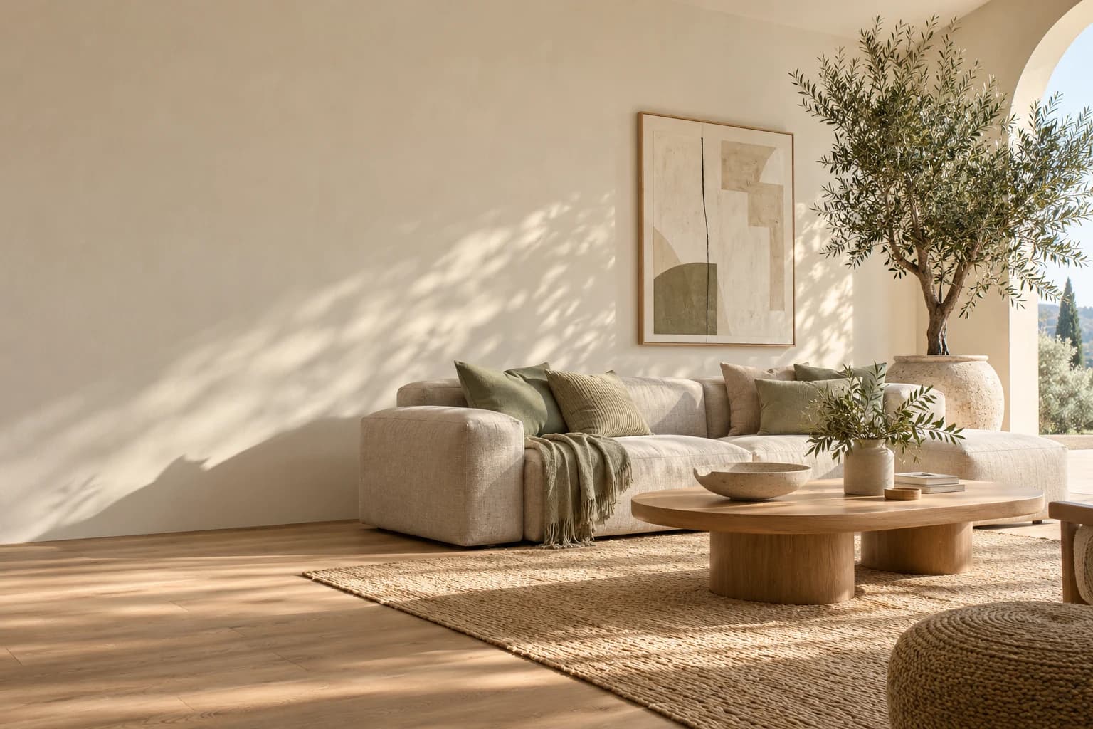 A sunlit living room with a linen sofa, oak coffee table and natural textures